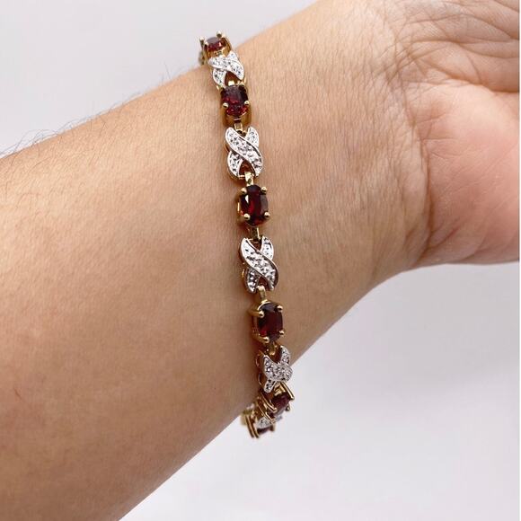 Gold Plated Tennis Bracelet with Red Garnet CZ Stones Size 7” - Picture 1 of 5